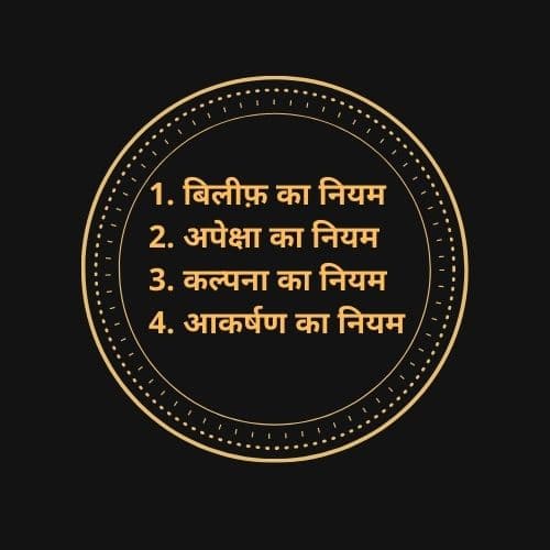 1. बिलीफ़ का नियम 2. अपेक्षा का नियम 3. कल्पना का नियम 4. आकर्षण का नियम